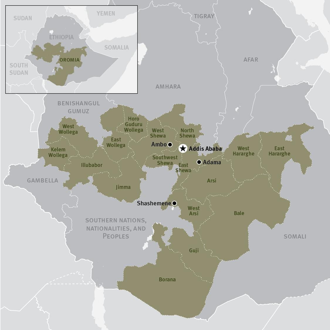 מפה של oromia באזור אתיופיה